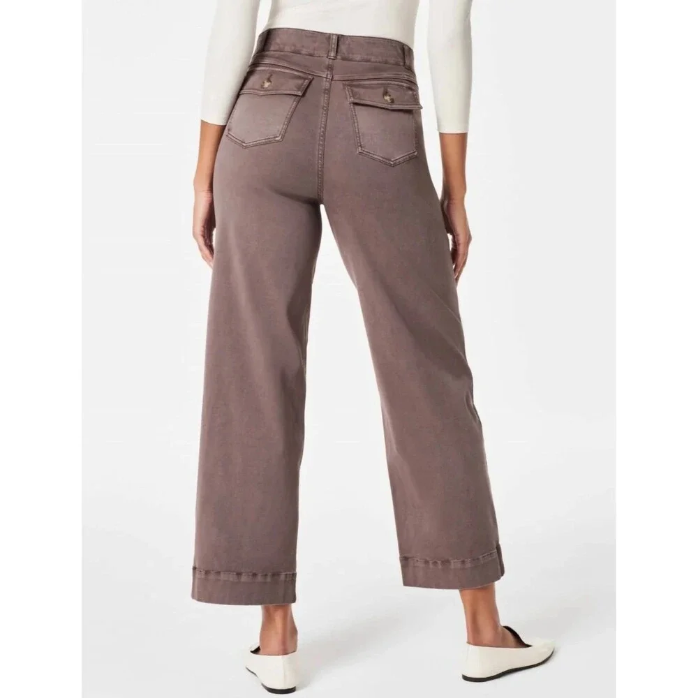SPANX Supersmooth Stretch Twill Wide Leg Cropped Pants Womens S Smoke Pull On